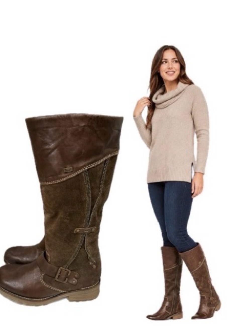 Reiker, Brown Leather and Suede Knee-High Boots with shearling lining, Size 5.5